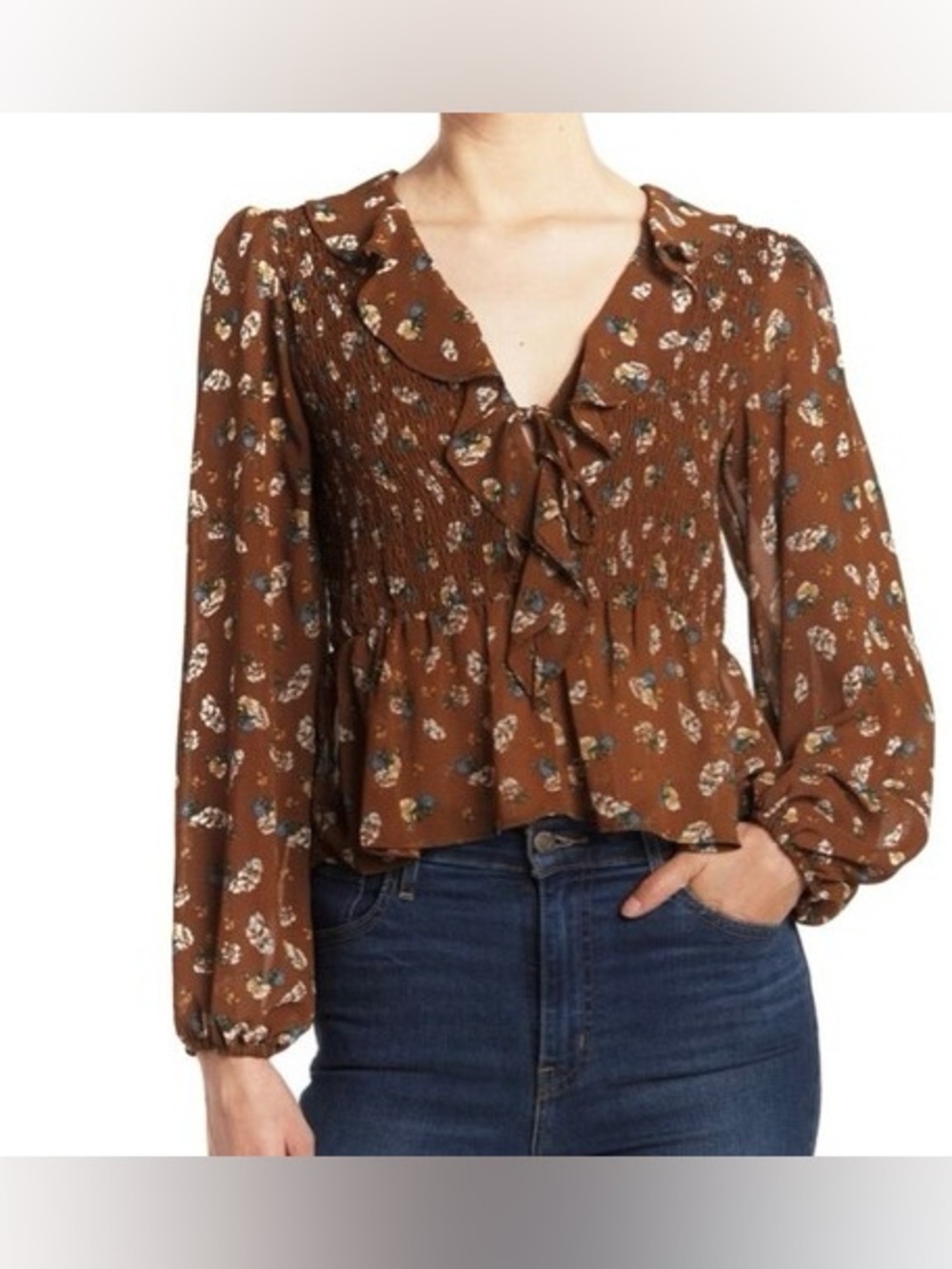 ASTR the Label Brown Ditsy Floral Ruffle Long Sleeve Smocked Top